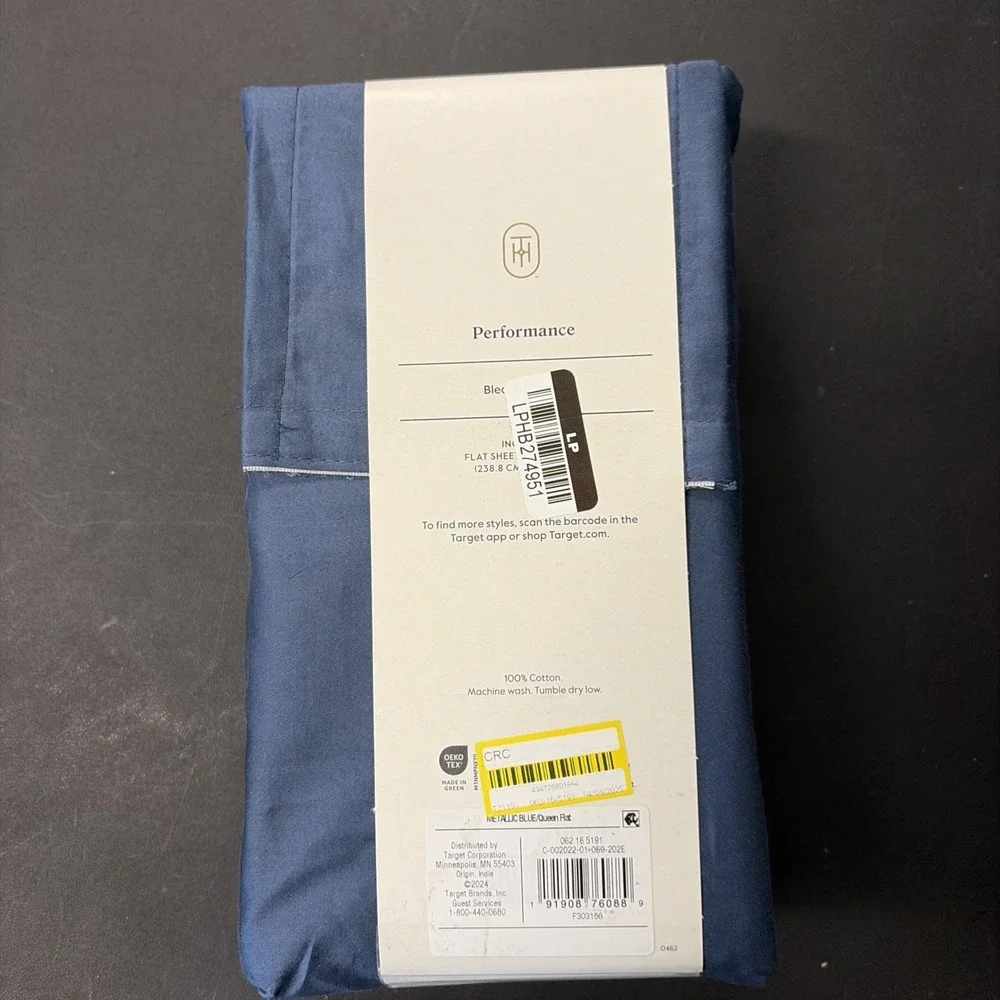 Threshold Performance Cotton Sateen QUEEN Flat Sheet Blue 400 TC Smooth 20565